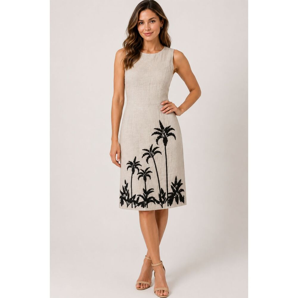 Jason Wu Linen Blend Palm Tree Embroidered Dress Size 4 gray Tropical